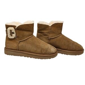 UGG Mini Fluff Buckle Chestnut Suede Sheepskin Boots Womens 7 1104182